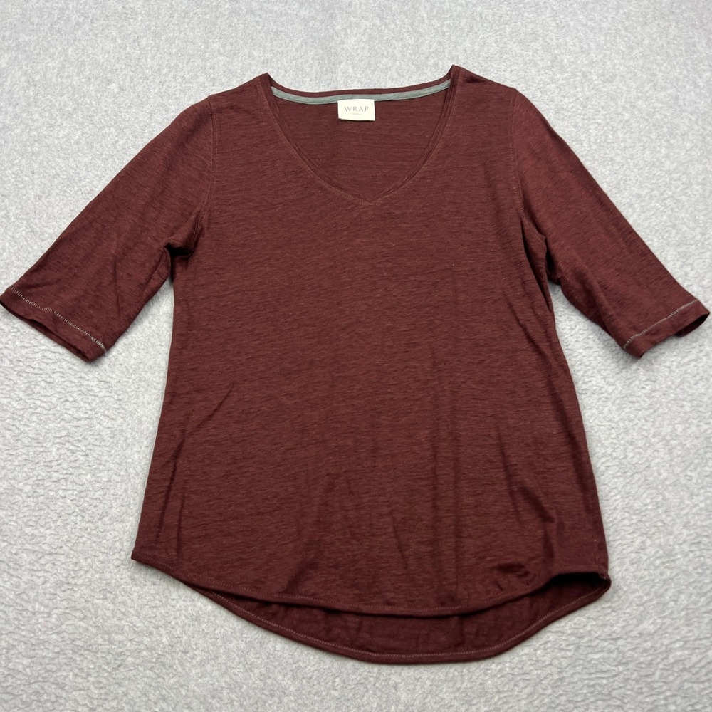 Wrap London Top Womens 8 Burgundy 100% Linen V-Neck Elbow Sleeve Slub Knit Shirt